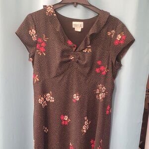 Robbie Bee Black Floral Polka Dot Dress – Size 12, Vintage Style, Cap Sleeves